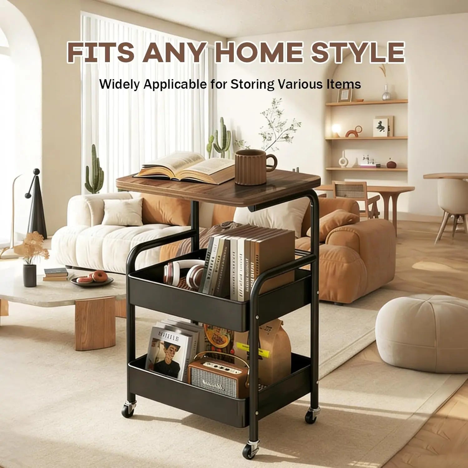 Multifunctional trolley, equipped with wooden shelves and metal baskets, suitable for various scenarios